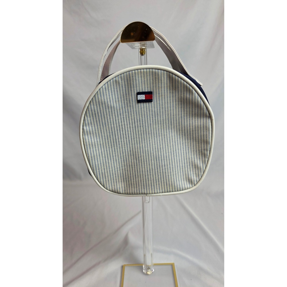 Vintage Tommy Hilfiger Striped Round Cosmetic Bag Blue White Y2K Travel Pouch